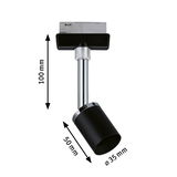 Spot LED noir en métal avec tige chromée, dimensions 100x50 mm, éclairage sur rail moderne et ajustable