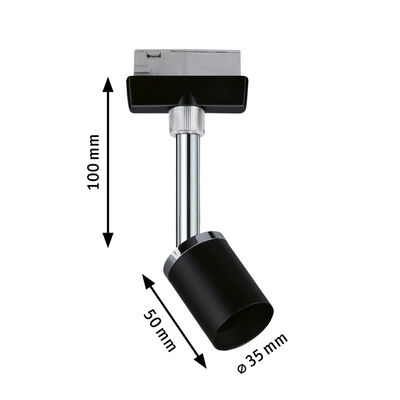 Black metal LED spotlight with chrome rod, 100x50 mm, modern track lighting spot for flexible illumination