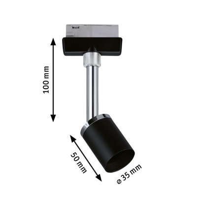 Schwarzer LED-Strahler aus Metall mit verchromtem Stab, Maße 100x50 mm, moderner Spot für Schienensystem
