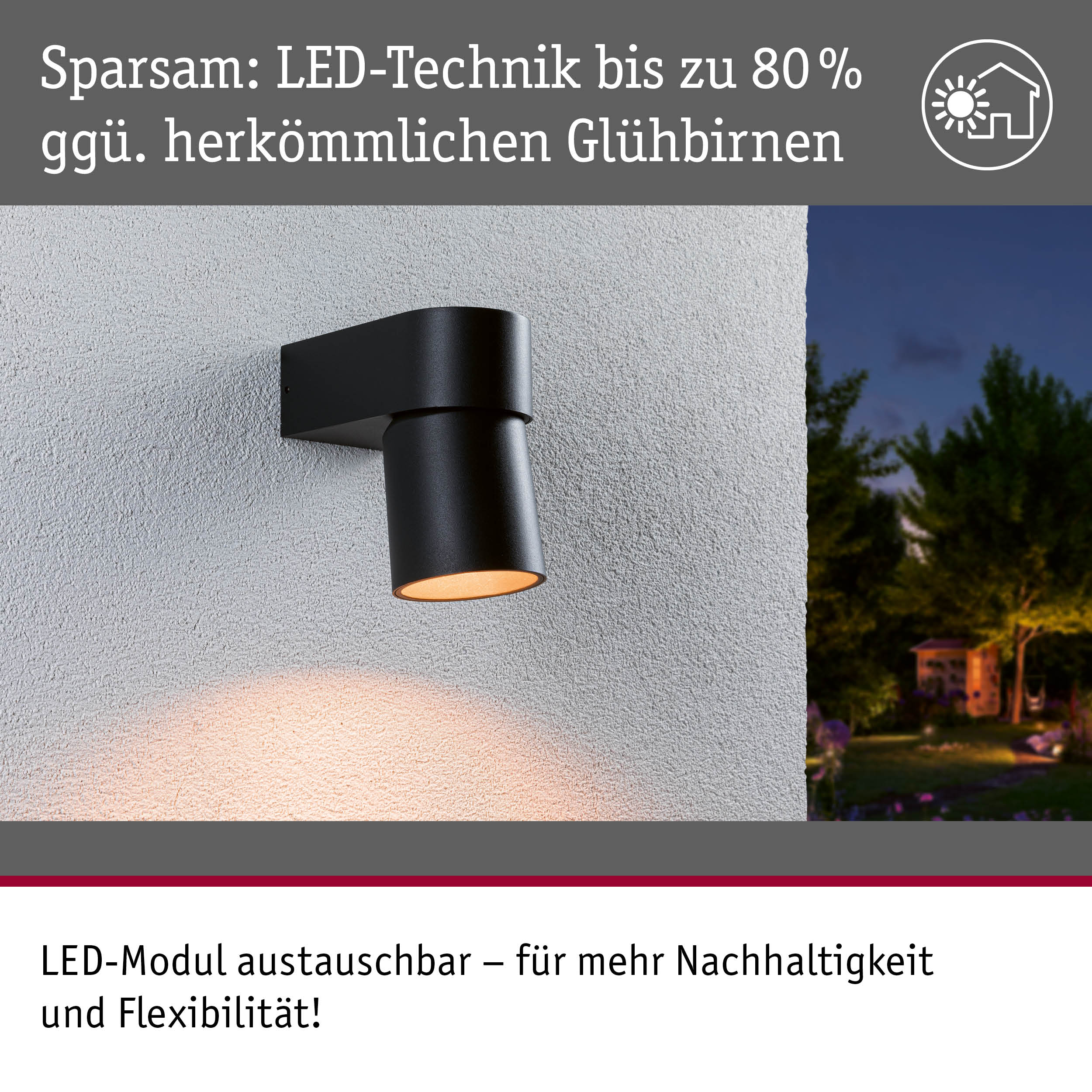 Schwarze LED-Außenwandleuchte aus Metall mit energiesparender Technik und austauschbarem LED-Modul