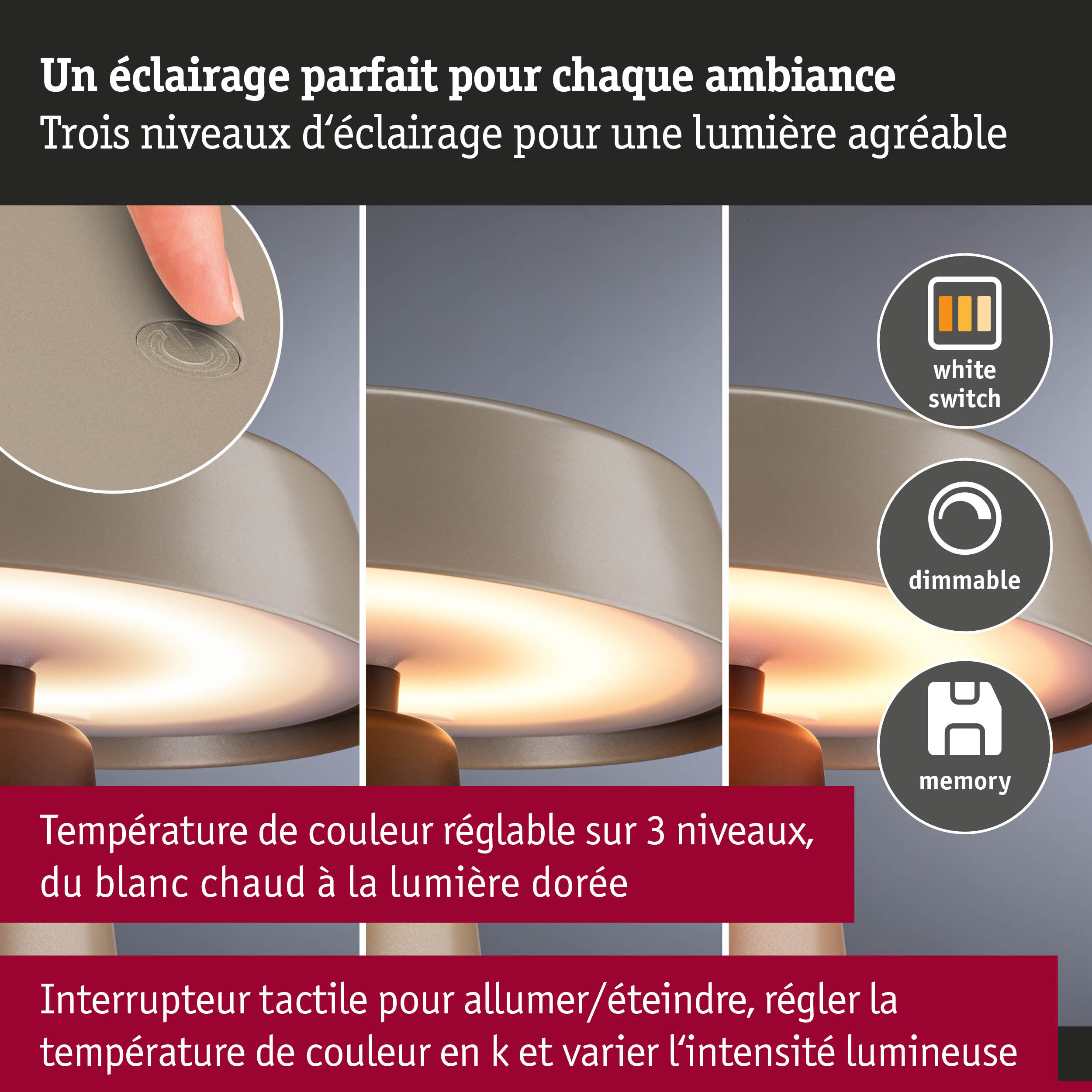 Lampe de table LED beige dimmable avec interrupteur tactile et température de couleur réglable sur trois niveaux