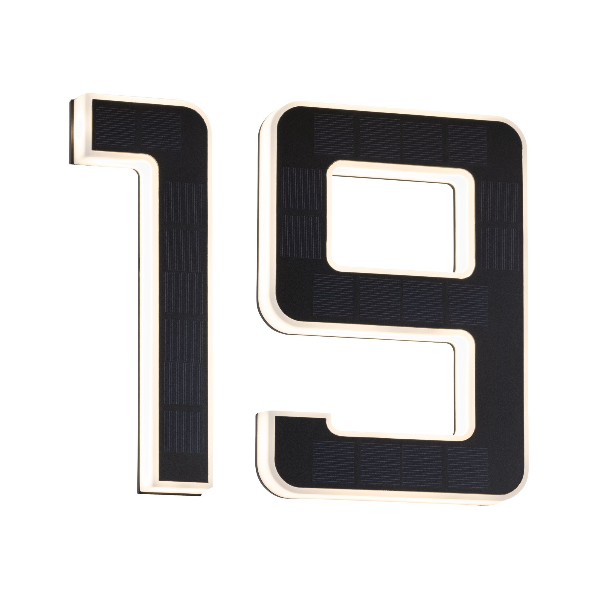 Modern black solar house number 19 with white LED lighting for outdoor use