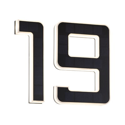 Modern black solar house number 19 with white LED lighting for outdoor use