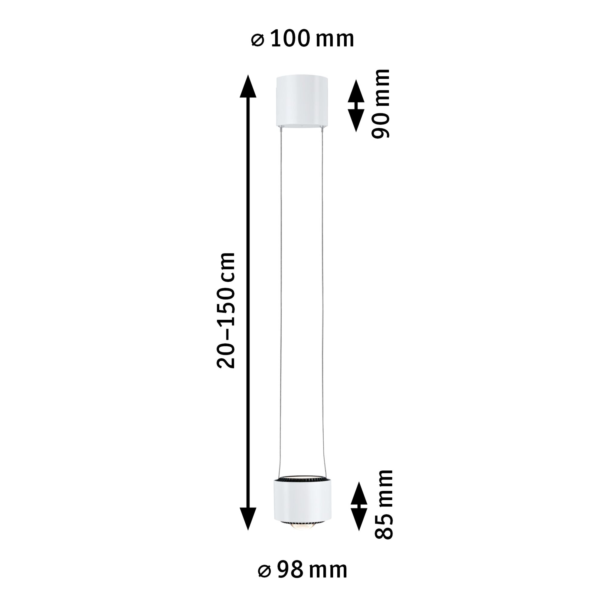 Weißer moderner LED-Pendelleuchte mit verstellbarer Länge 20-150 cm und 98 mm Durchmesser