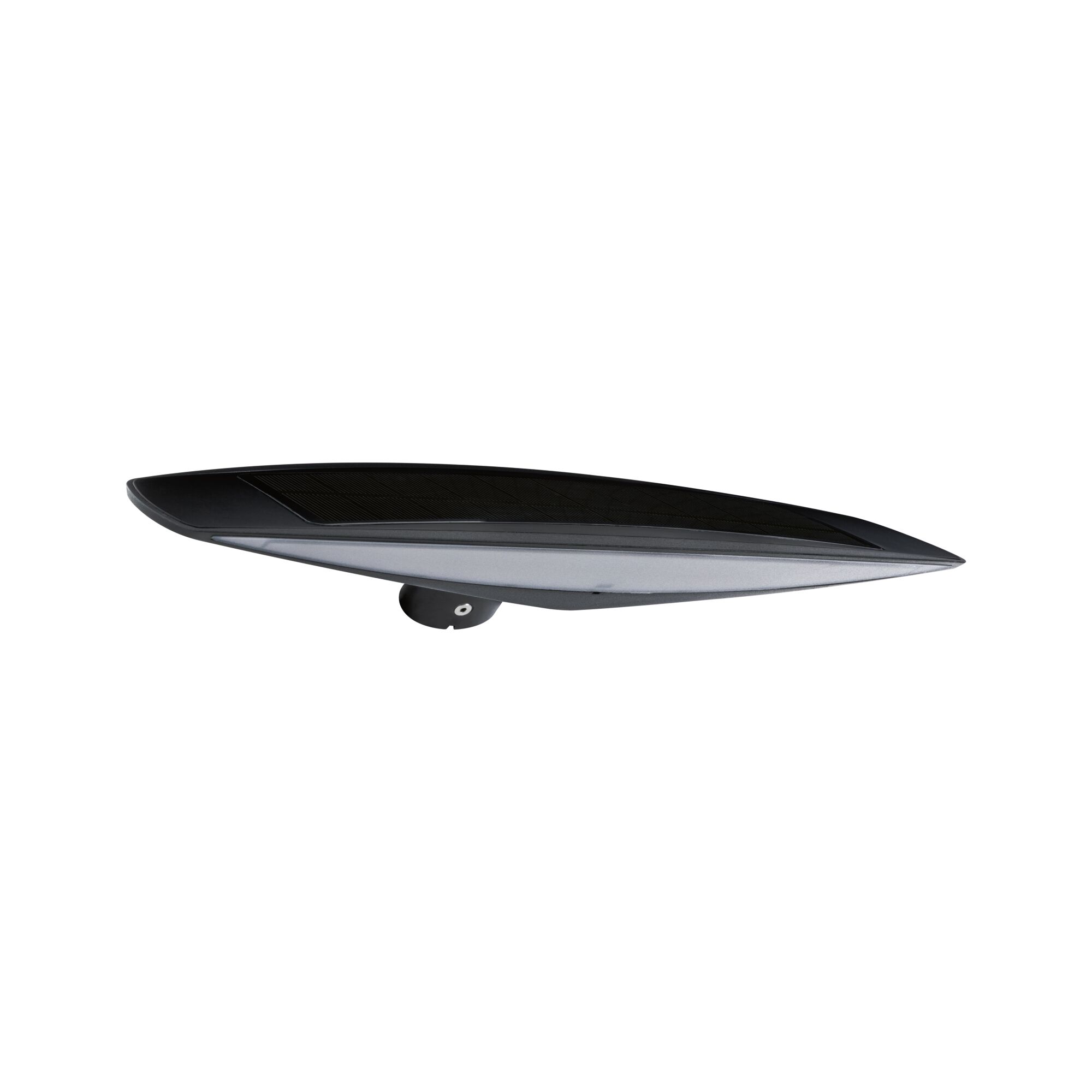 Black plastic solar light with silver lamp surface for outdoor lighting and garden use.