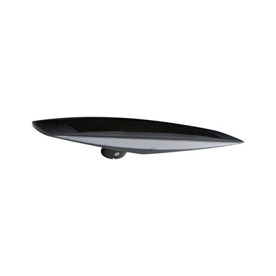 Black plastic solar light with silver lamp surface for outdoor lighting and garden use.