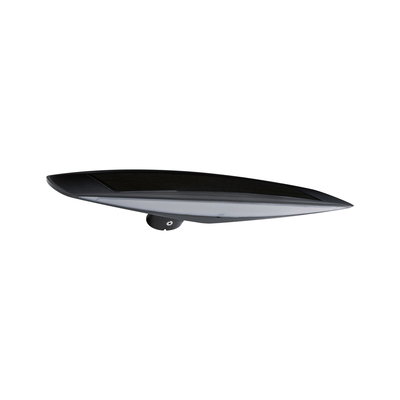 Black plastic solar light with silver lamp surface for outdoor lighting and garden use.