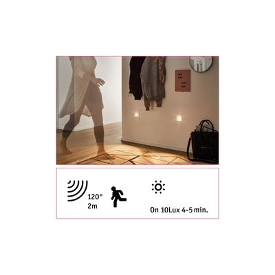 Motion sensor wall light with 120° detection angle and 2 m range, warm white LED light for hallway safety.