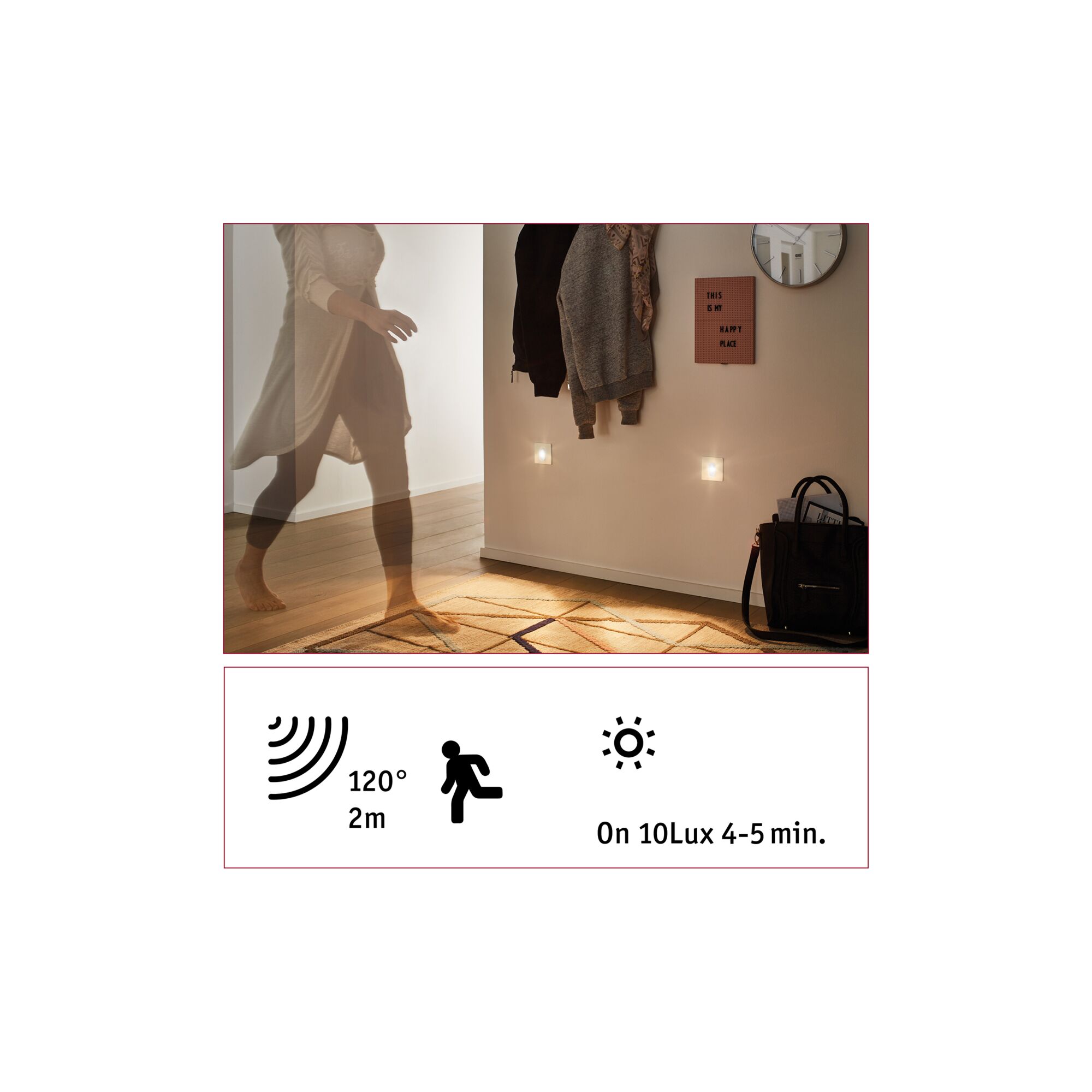 Motion sensor wall light with 120° detection angle and 2 m range, warm white LED light for hallway safety.