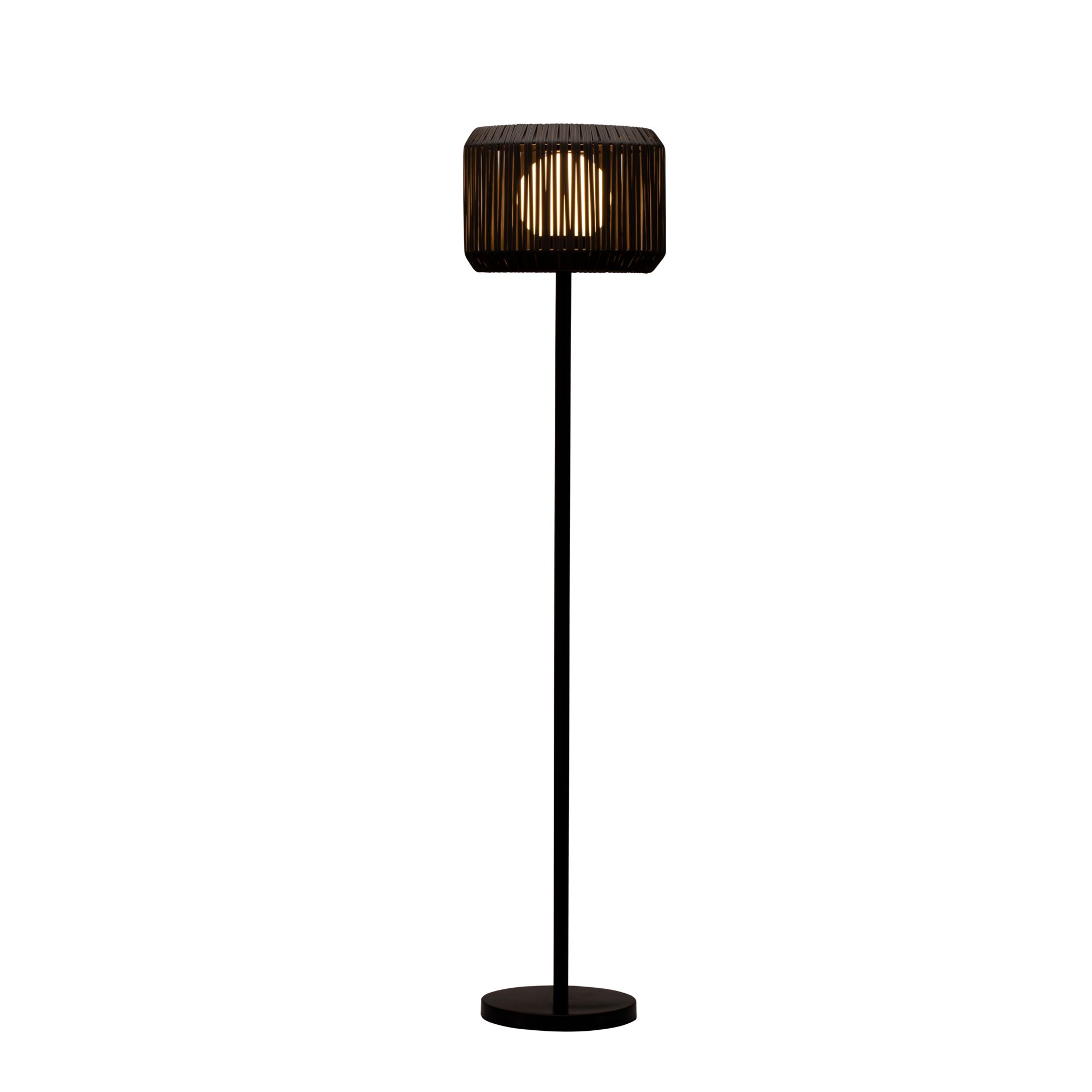 Floor lamp with black metal frame and square slatted shade, modern decorative lighting