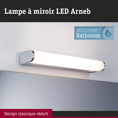 Lampe miroir LED Arneb blanche avec accents chromés pour éclairage de salle de bain