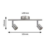 Moderne LED-loftspot i børstet rustfrit stål med to justerbare lamper og mål.