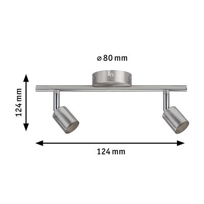 Moderner LED-Deckenstrahler aus gebürstetem Edelstahl mit zwei verstellbaren Spots und Maßen.