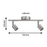 Spot LED de plafond moderne en acier inox brossé avec deux têtes réglables et dimensions.