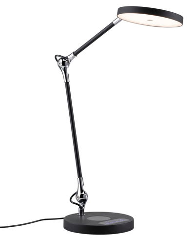 Modern black LED desk lamp with round light head and touch control panel for office and home