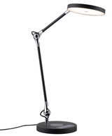 Modern black LED desk lamp with round light head and touch control panel for office and home