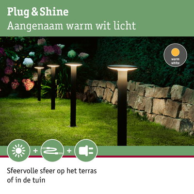 Moderne tuinverlichting met warm wit licht op groen gras naast stenen muur voor terras