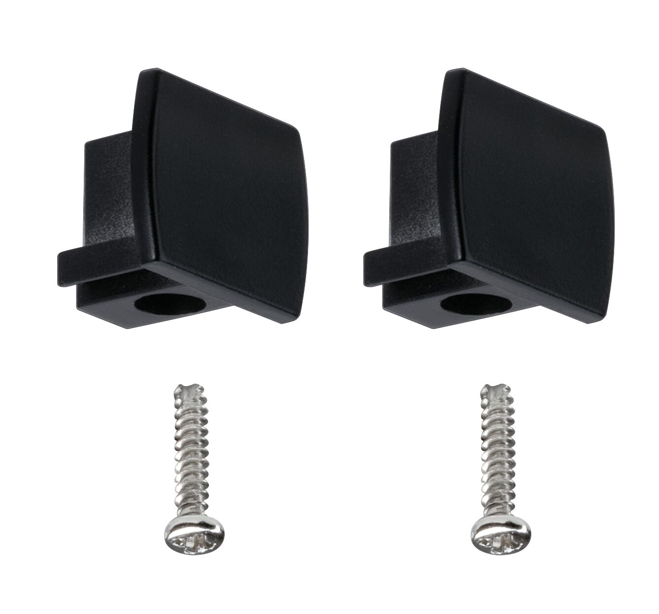 Two black plastic end caps with screws for track lighting system accessories