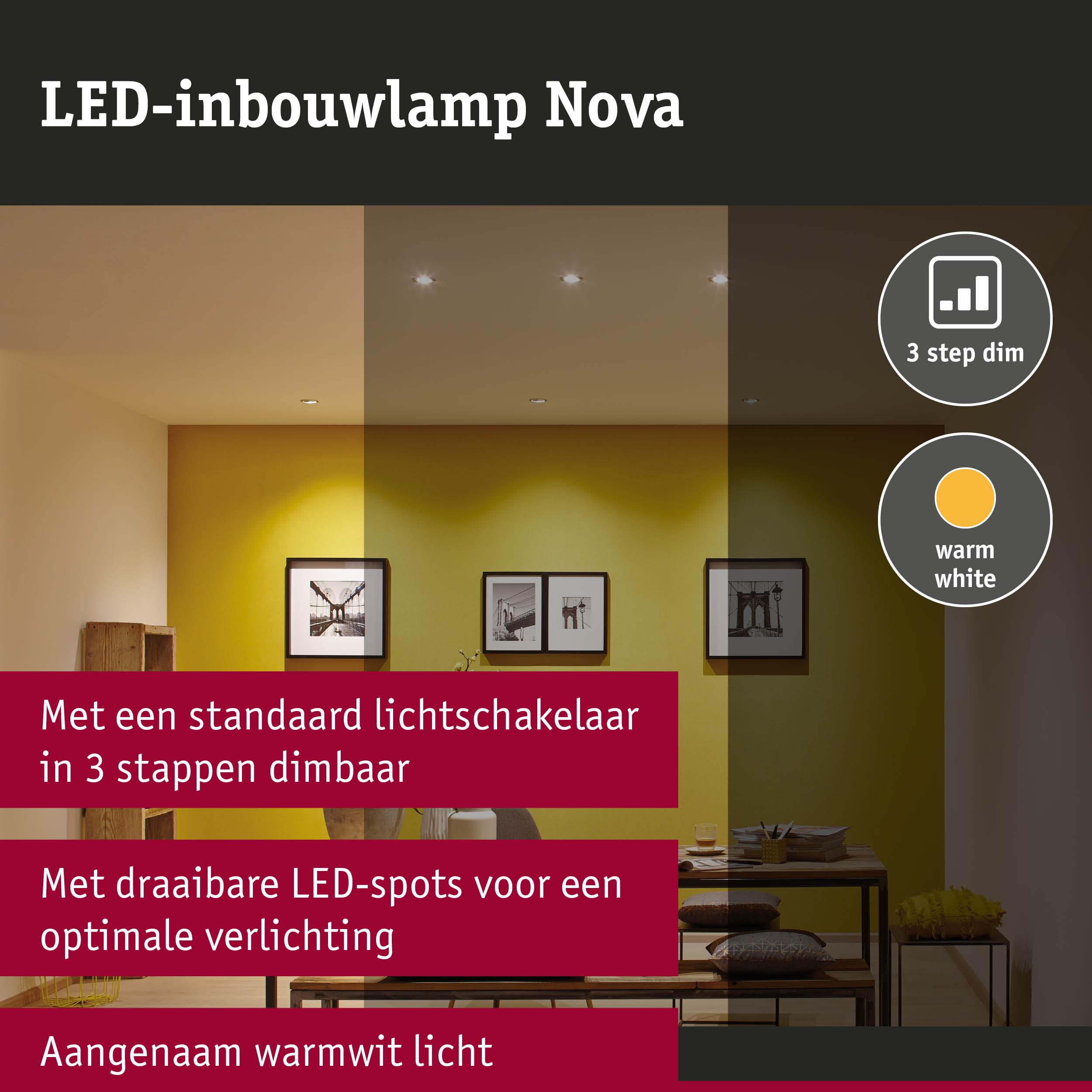 LED-inbouwlamp 3-Step-Dim Nova Basisset zwenkbaar rond 84mm 50° GU10 3x6,5W 3x460lm 230V dimbaar 2700K Wit mat