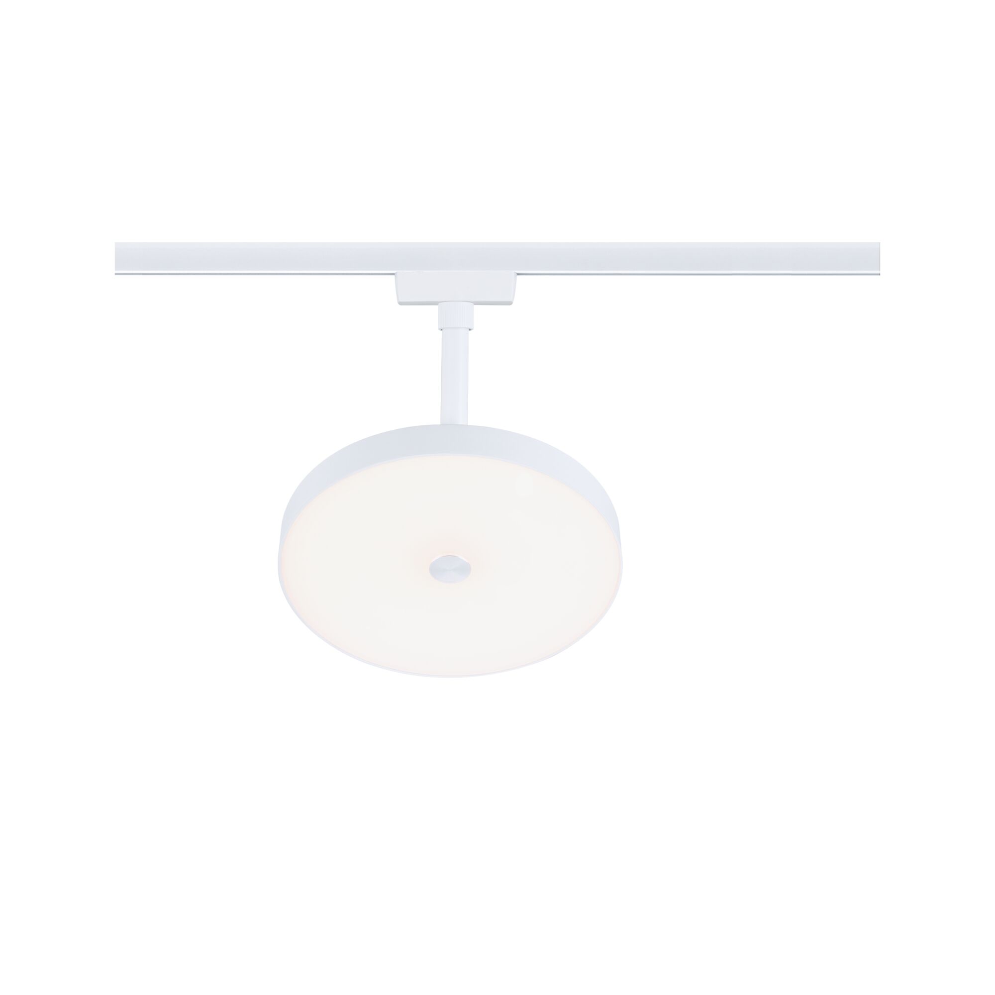 Round white LED ceiling light in metal with diffuser, designed for track systems and modern lighting