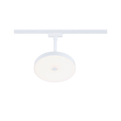 Round white LED ceiling light in metal with diffuser, designed for track systems and modern lighting