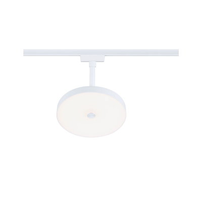 Round white LED ceiling light in metal with diffuser, designed for track systems and modern lighting