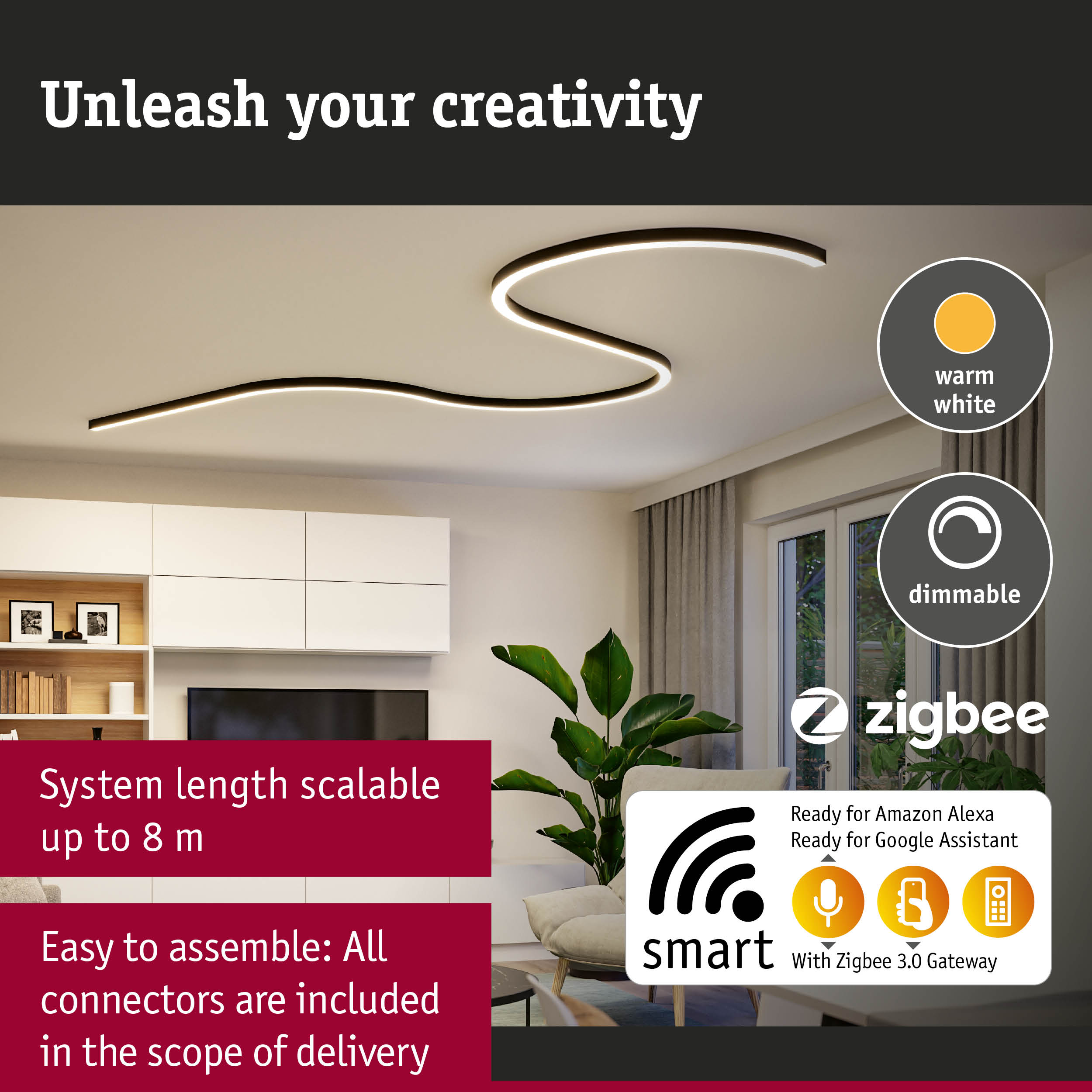 Black curved LED ceiling light with warm white illumination and Zigbee smart home control system