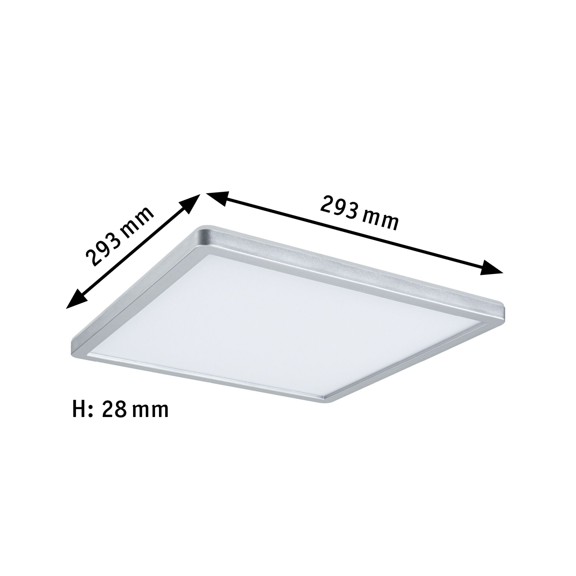 Square silver aluminium LED ceiling light with 293 mm sides and 28 mm height for modern lighting