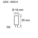 Technical drawing of G9 LED bulb with 18 mm diameter and 55 mm length, color temperature 2200-6500 K