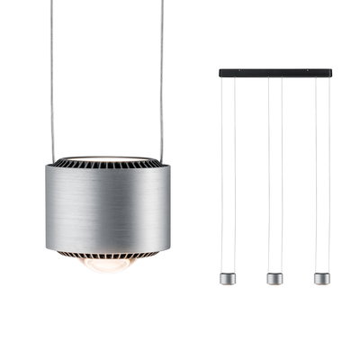 Modern pendant light in brushed silver aluminum with three heads and energy-efficient LED lighting