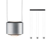 Moderne Pendelleuchte aus gebürstetem Aluminium in Silber mit drei Leuchtenköpfen und LED-Beleuchtung