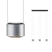 Modern silver aluminium LED pendant light with three cylindrical lamps and black ceiling mount