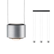 Modern silver aluminium LED pendant light with three cylindrical lamps and black ceiling mount