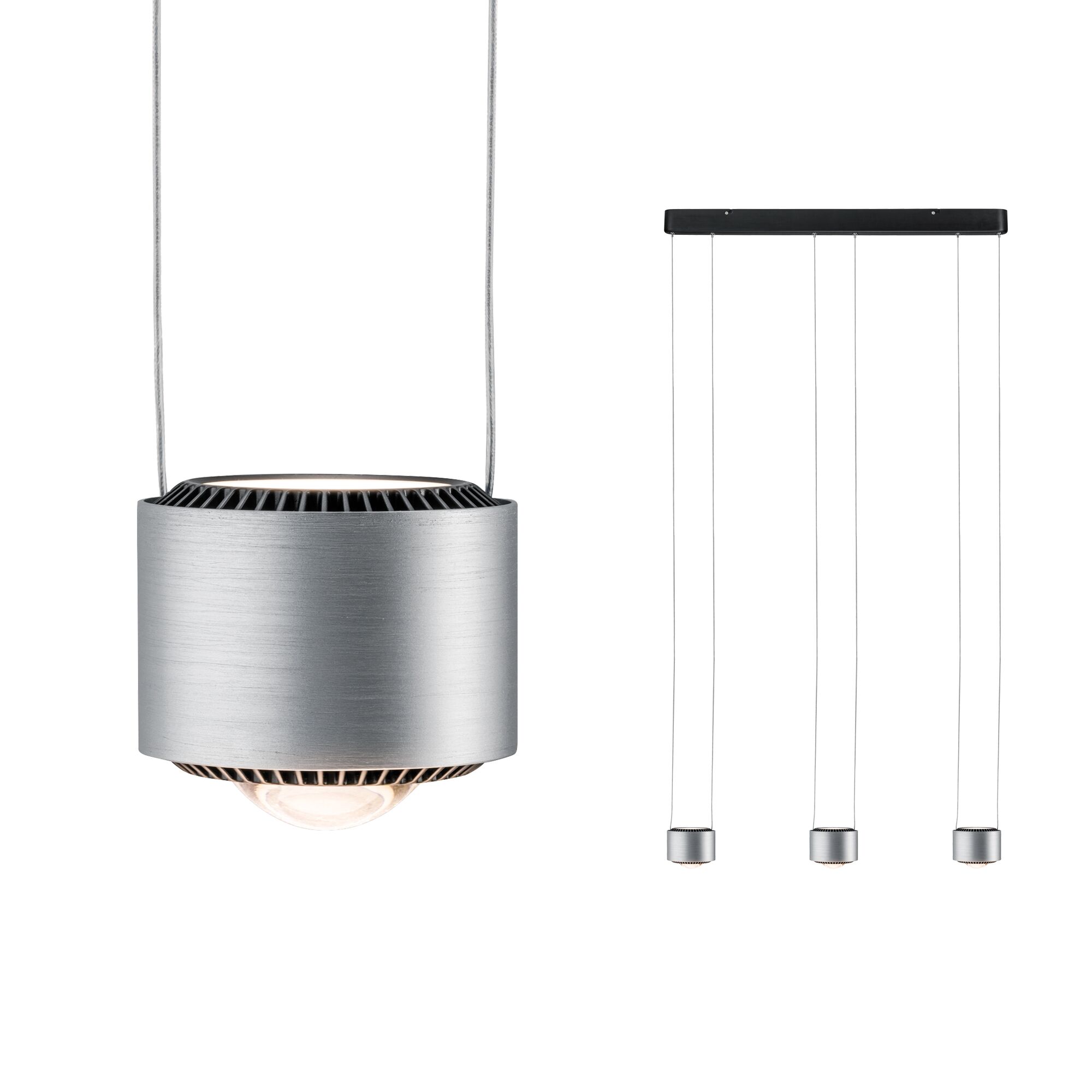 LED Závěsné svítidlo Aldan 2700K 3x1570lm / 3x0lm 3x4,8W / 3x4,4W Černá/Kartáčovaný hliník stmívatelný Moderne LED-Hängeleuchte aus silbernem Aluminium mit drei zylindrischen Leuchten und schwarzer Deckenhalterung