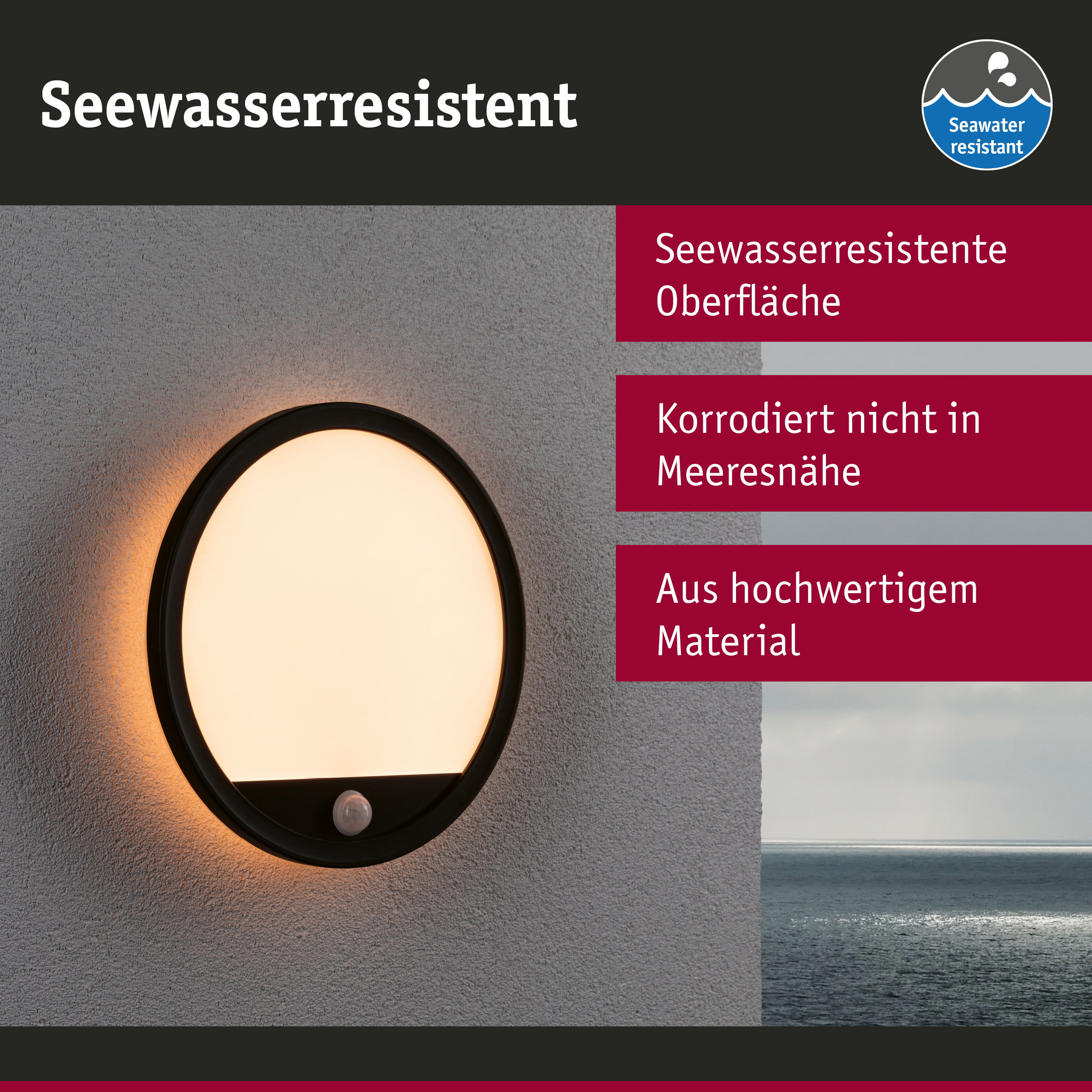Runde Außenwandleuchte mit schwarzem Rahmen und seewasserresistenter Oberfläche an grauer Wand