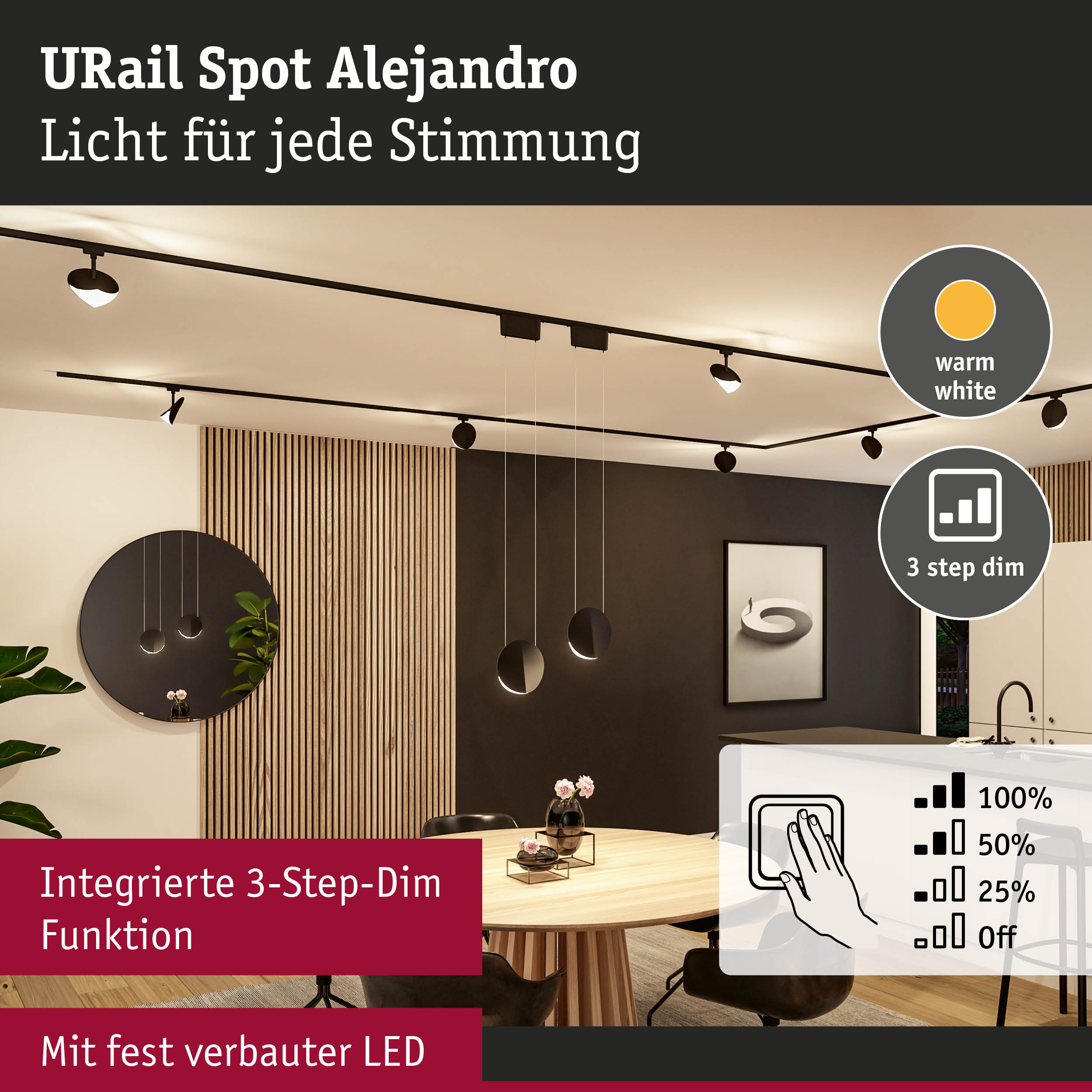URail Spot Alejandro schwarze LED-Deckenleuchte mit integrierter 3-Stufen-Dimmfunktion für warmweißes Licht