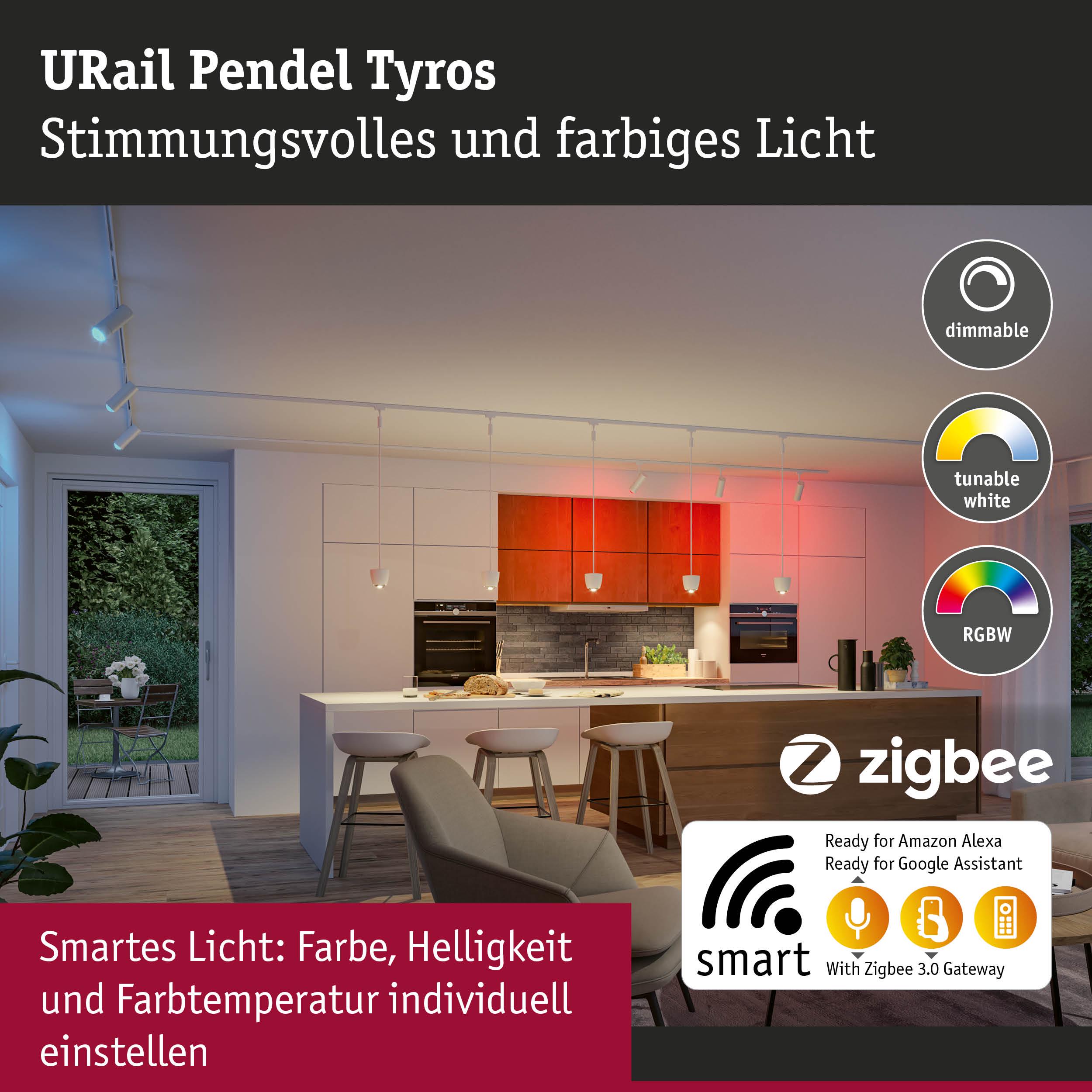 URail Pendel Tyros dimmbare RGBW Pendelleuchte in Weiß für smarte Lichtsteuerung mit Zigbee