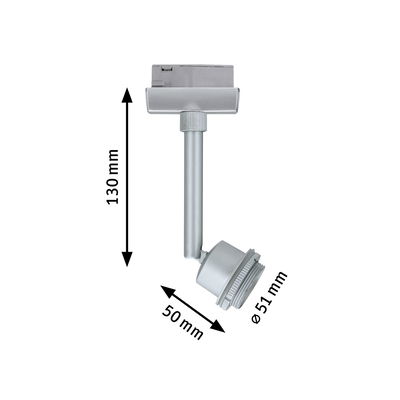 Zilverkleurige metalen LED-spot van 130 mm hoog en 51 mm diameter voor railsystemen