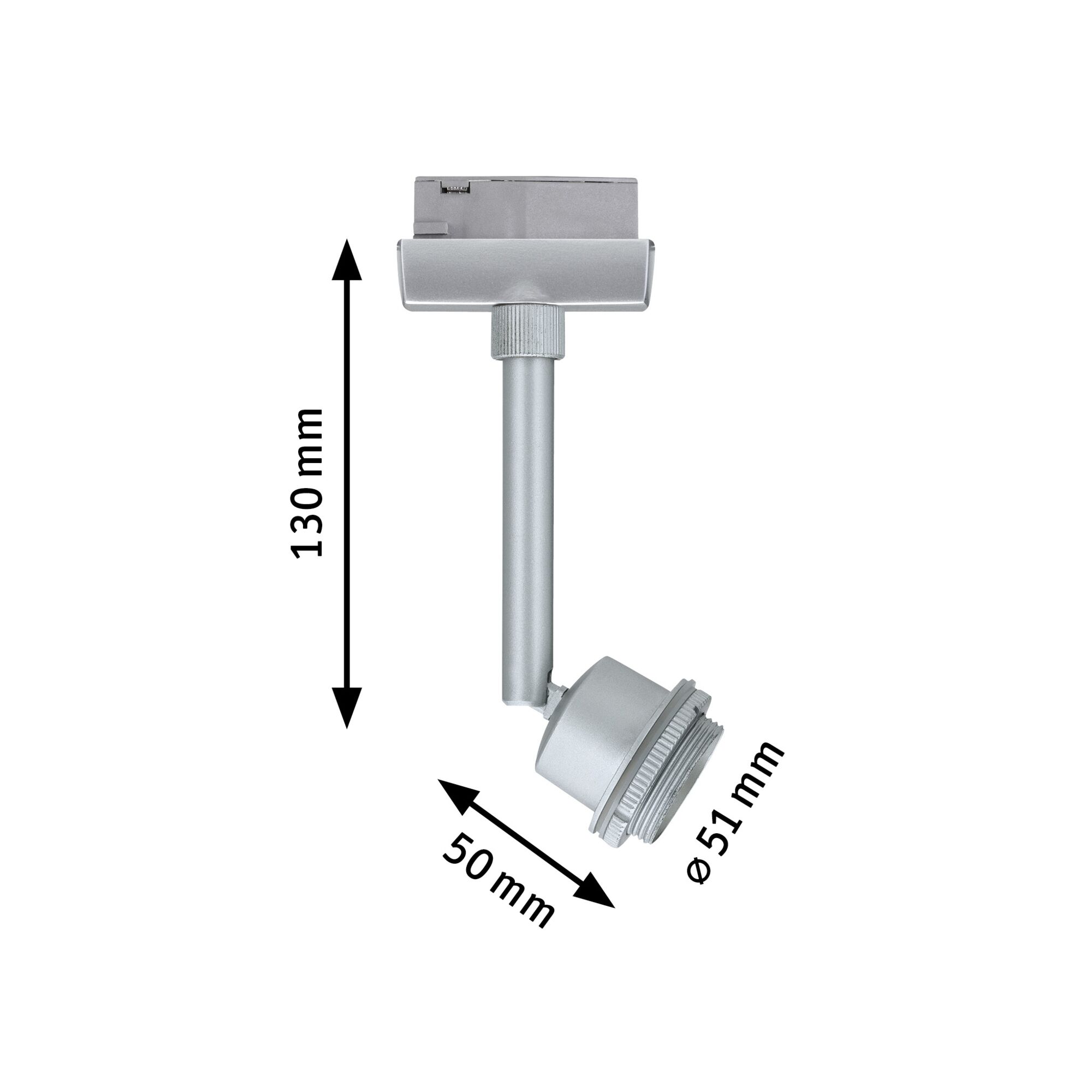 Silver metal LED spotlight with 130 mm height and 51 mm diameter for track lighting systems