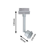 Silver metal LED spotlight with 130 mm height and 51 mm diameter for track lighting systems