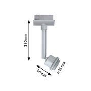 Srebrny metalowy reflektor LED z regulowaną głowicą o wymiarach 130x50x51 mm do oświetlenia wnętrz