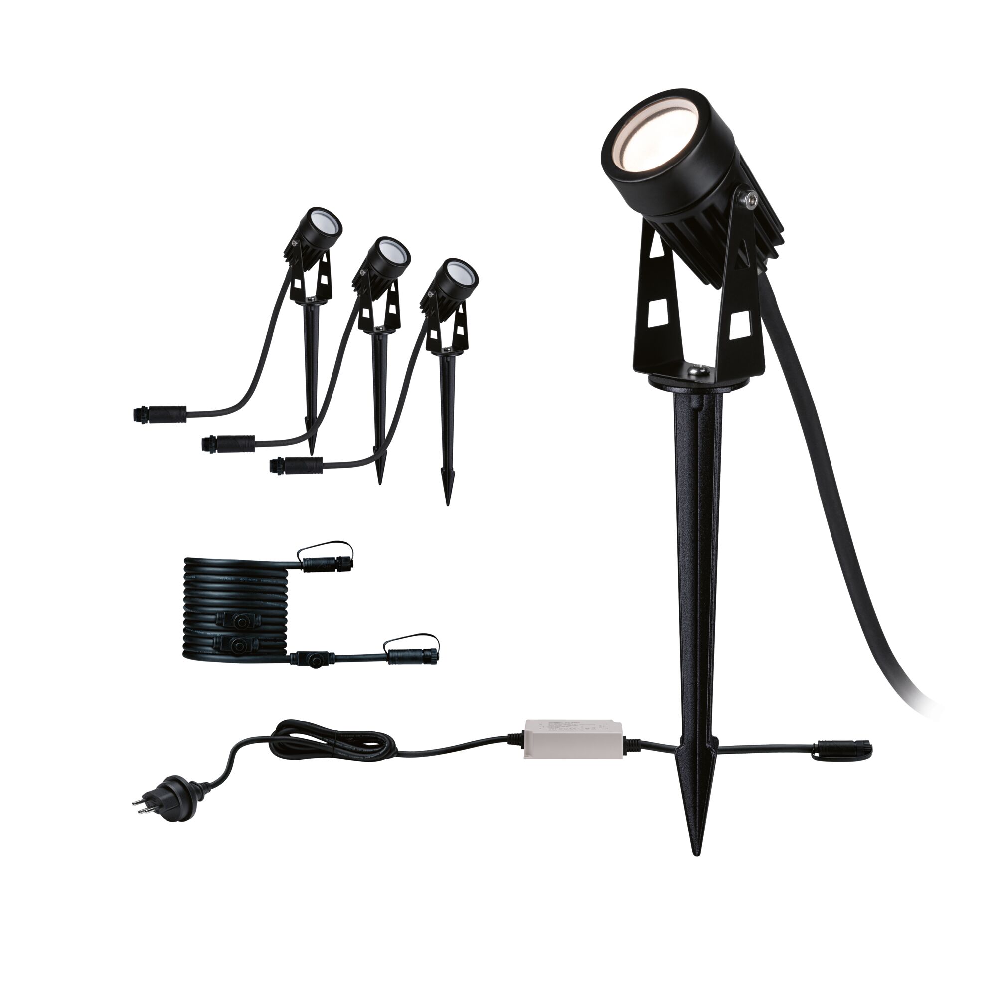 Plug & Shine LED Gartenstrahler Warmweiß CH IP65 3000K 3x2W 30VA Schwarz Schwarzes LED-Gartenstrahler-Set mit Erdspieß, Kabel und Netzstecker für Außenbeleuchtung.