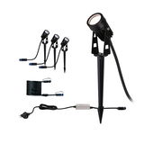 Black LED garden spotlight set with ground spike, cable, and plug for outdoor lighting.