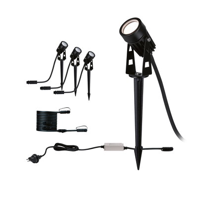 Black LED garden spotlight set with ground spikes and cable for outdoor lighting