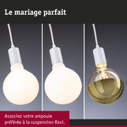 Trois suspensions blanches avec différentes ampoules pour un éclairage intérieur moderne