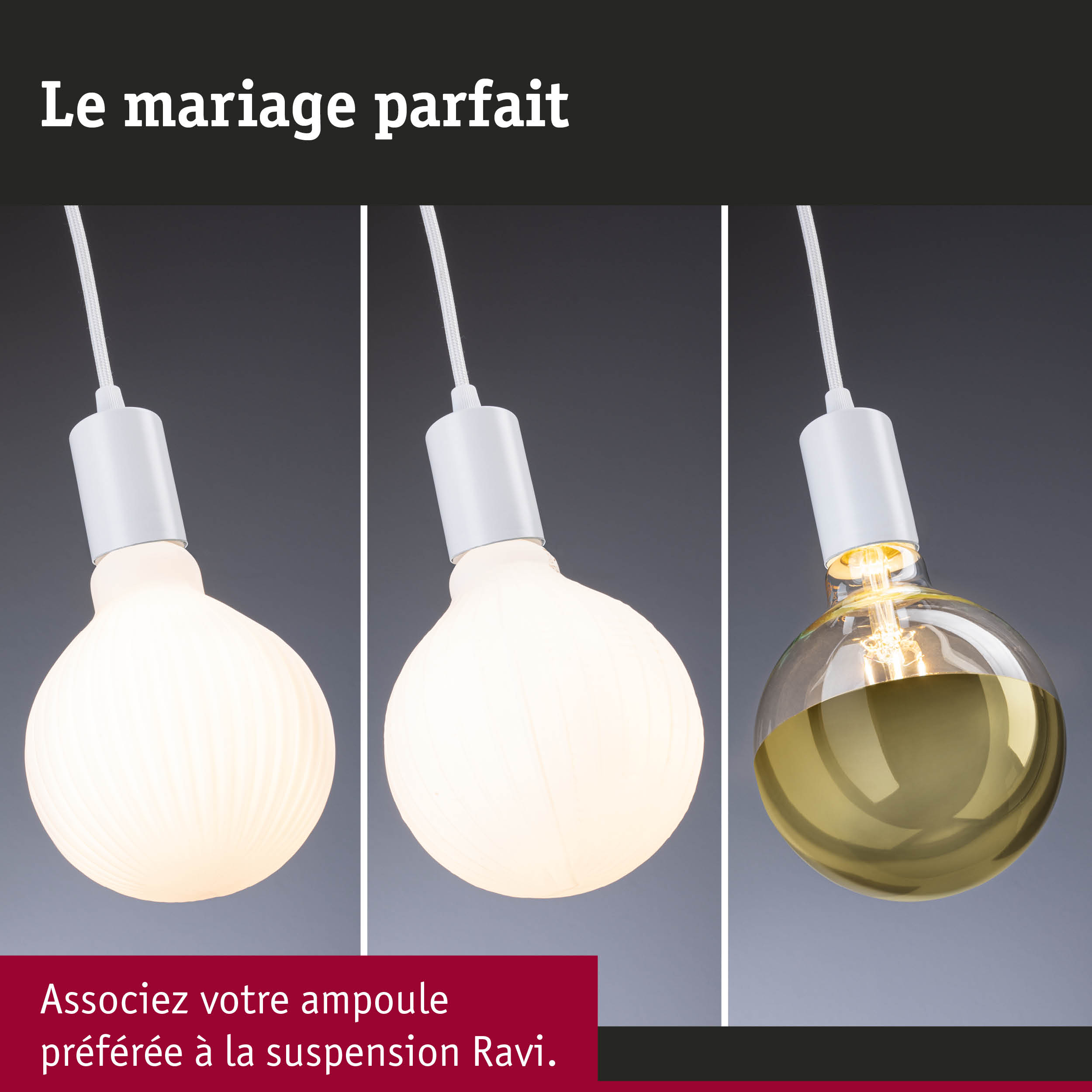 Trois suspensions blanches avec différentes ampoules pour un éclairage intérieur moderne