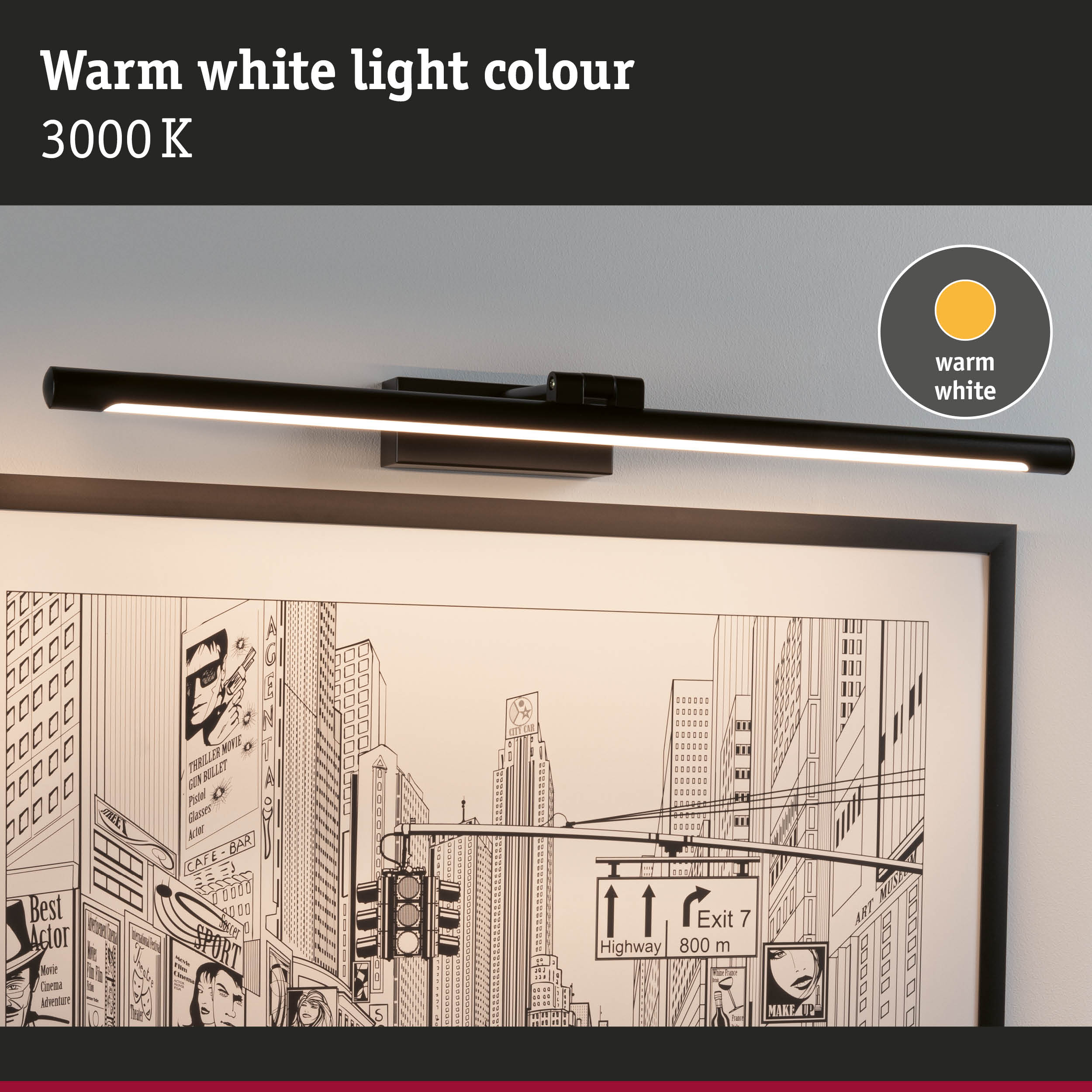 Black LED picture light with warm white 3000K illumination for highlighting wall art and pictures.