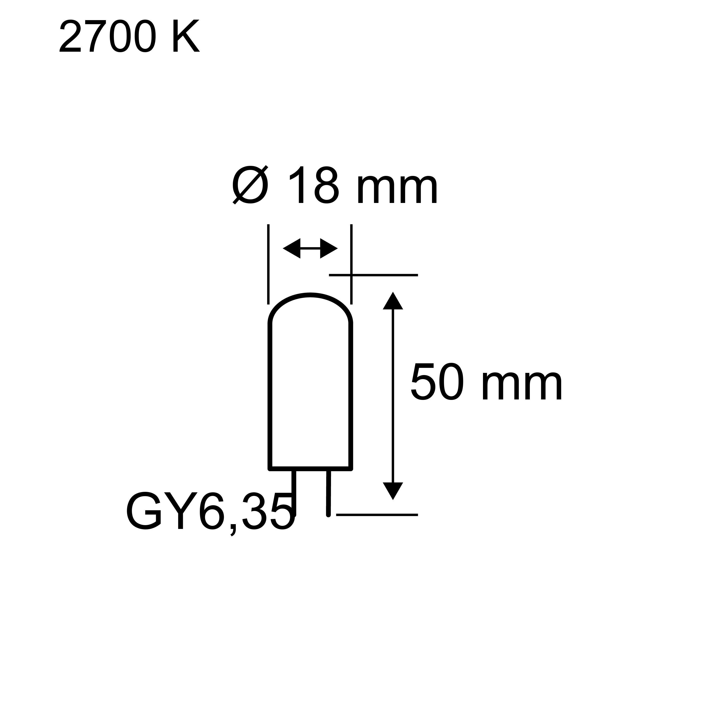 Schéma technique d’une ampoule LED GY6,35 de 18 mm de diamètre et 50 mm de longueur, lumière chaude 2700 K