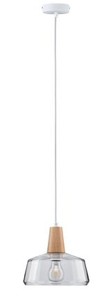 Pendant lamp with clear glass shade and wooden detail, white cord, modern minimalist lighting fixture