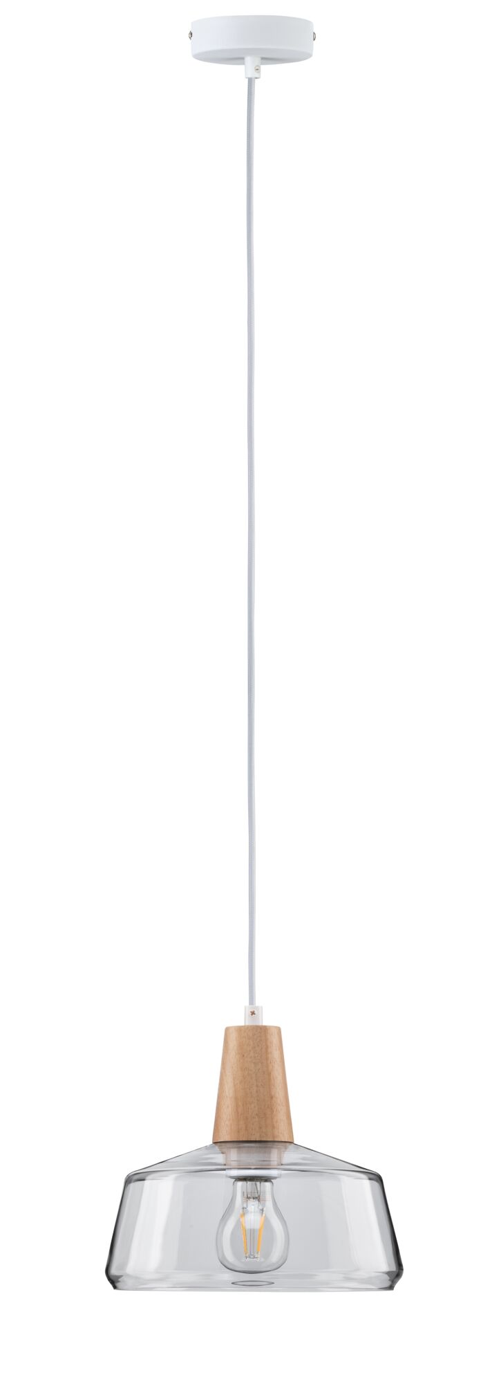 Hängelampe mit klarem Glas und Holzdetail, weißes Kabel, moderner minimalistischer Lampenschirm